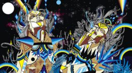 Cartoon-like drawing of space creatures with moon in the upper left