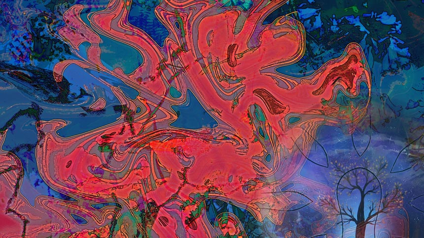 Colorful abstract background with faint overly of decorate steelpan drum in lower right corner