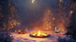 A winter forest scene under a night sky, with a fireplace surrounded by a ring of trees.