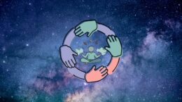 stressed person in yoga position surrounded by a ring of joined hands over a colorful background of outer space