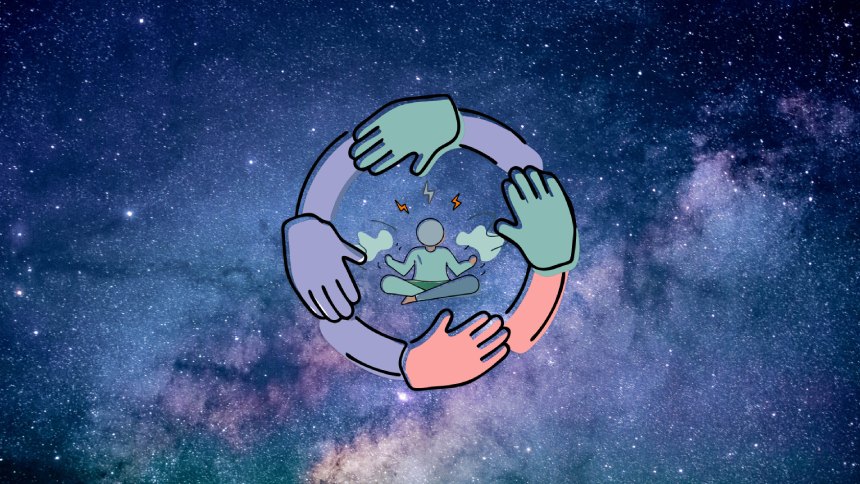 stressed person in yoga position surrounded by a ring of joined hands over a colorful background of outer space