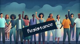 Illustration of a group of people of various races and genders, standing in solidarity under a cloudy sky; dark blue banner with white "Resistance" overlaid in the middle