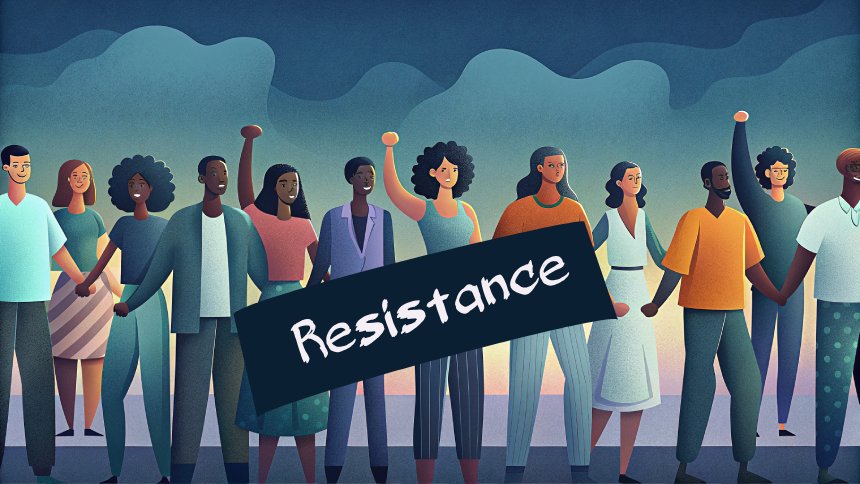 Illustration of a group of people of various races and genders, standing in solidarity under a cloudy sky; dark blue banner with white "Resistance" overlaid in the middle
