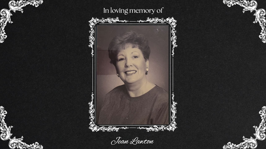 A picture of Jean Lawton, in an antique frame on a black background.