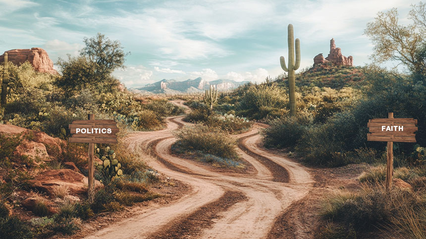 A stylized picture of a fork in the road in the desert, with a blue sky in the background and two signposts, one that reads politics, one that reads faith
