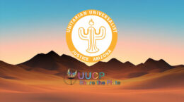 the UUJAZ logo floating over the UUCP Share the Plate Logo with a stylized mountain range in the background.