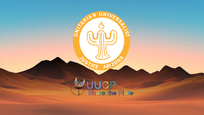 the UUJAZ logo floating over the UUCP Share the Plate Logo with a stylized mountain range in the background.