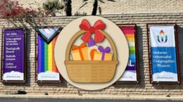 gift basket graphic in tan circle; background is photo of signs on outside of main UUCP building