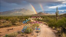 rainbow colored text "Rainbow Covenant" over desert background, UUCP phoenix logo beneath text
