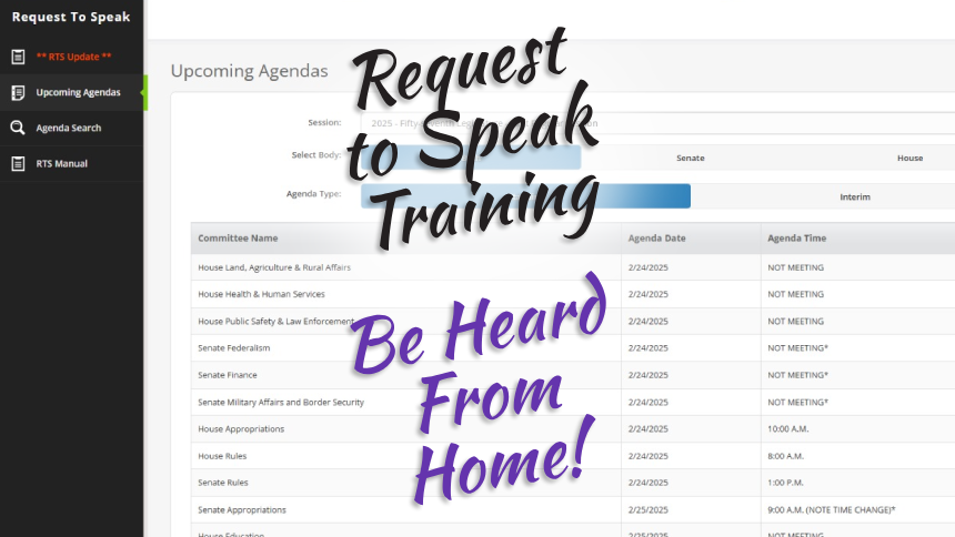 Request to Speak Training; Be Heard From Home over screenshot of AZ Legislature website