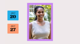 Rev. yadenee hailu - smiling black female with long braided hair; dates July 20 & July 27 in blocks to the left