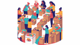 A cartoon pic of people volunteering on a white background.