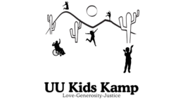 black drawing on white background - figures celebrating on mountains with cactus; "UU Kids Kamp | Love - Generosity - Justice" at bottom of image