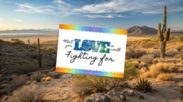 colorful postcard with text: What you love is worth fighting for; background is Sonoran desert