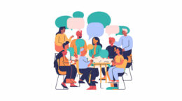 A cartoon style graphic of people sitting around a table with thought bubbles over their heads
