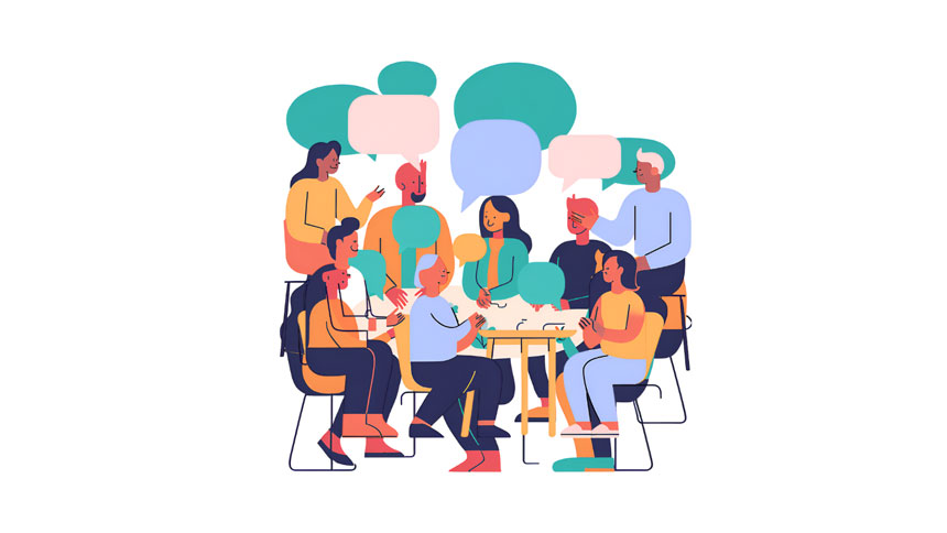 A cartoon style graphic of people sitting around a table with thought bubbles over their heads