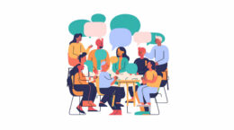 A cartoon style picture of a group of people sitting around a table with thought bubbles above their heads.