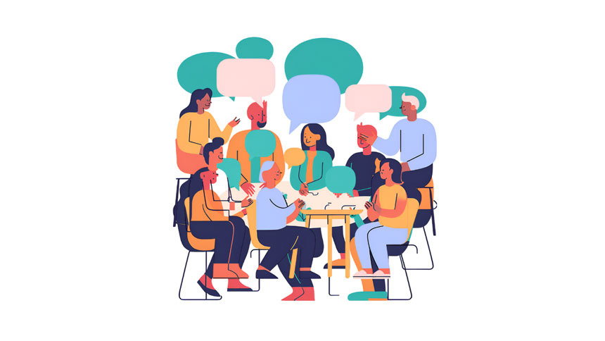 A cartoon style picture of a group of people sitting around a table with thought bubbles above their heads.