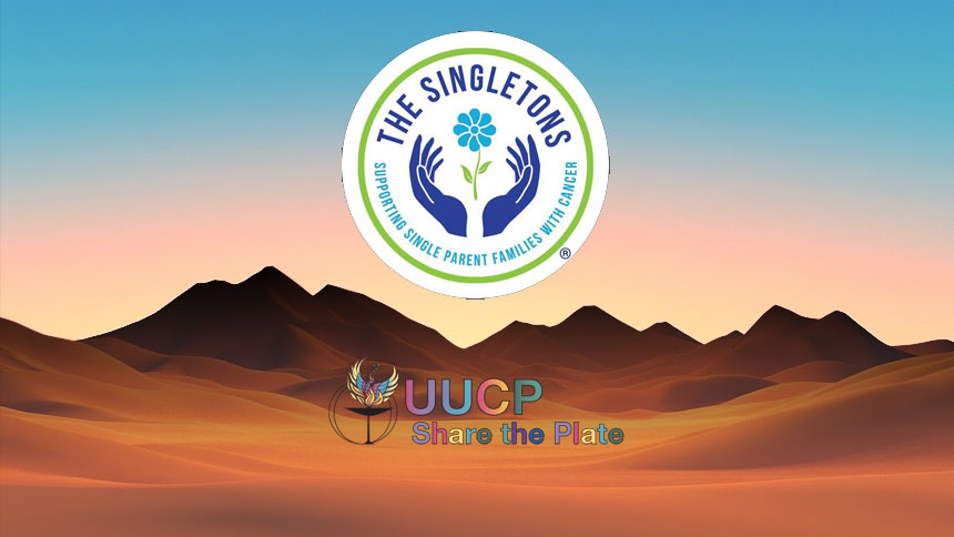 The Singletons logo floating above the UUCP Share the Plate Logo wth a mountain range in the background.