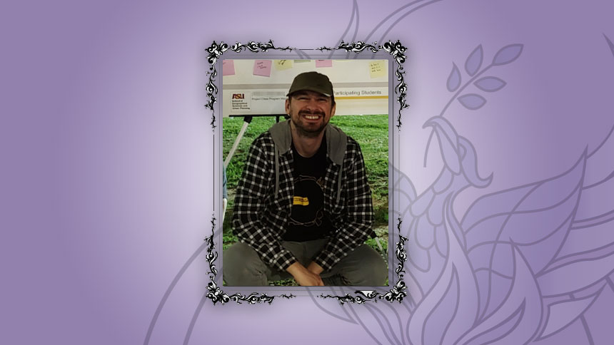 A picture of Chris King squatting outdoors, with a purple gradient background and our phoenix logo
