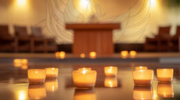 A group of candles sitting on the floor with a podium in the background.