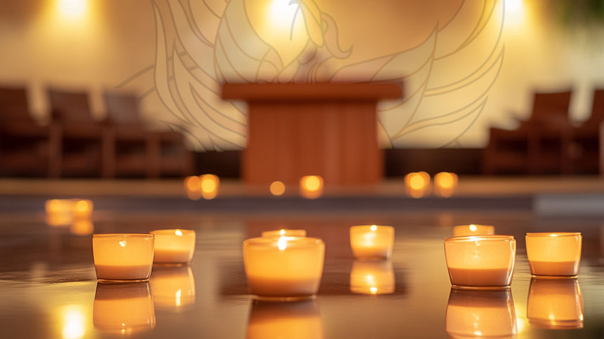 A group of candles sitting on the floor with a podium in the background.