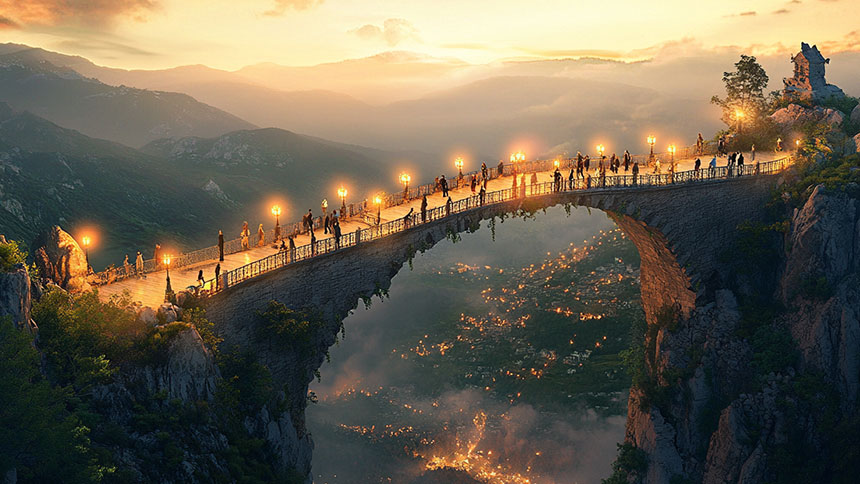 A majestic bridge spans the chasm between two cliffs with the sunset in the background.