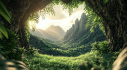 Peeking through a dense jungle into an open field with mountains in the background.