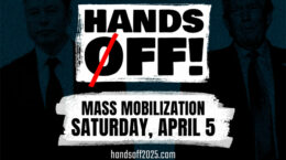A political based image with Elon Musk and Donald Trump in the background and the words Hands OFF in the foreground